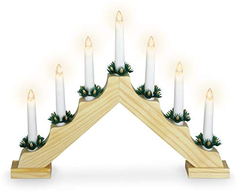 Holz Schwibbogen 39 cm mit 7 LED Kerzen und Timer - Natur - Weihnachtsdeko mit Beleuchtung - Adventsleuchter Lichterbogen Kerzenbrücke Fenster Deko Batterie betrieben