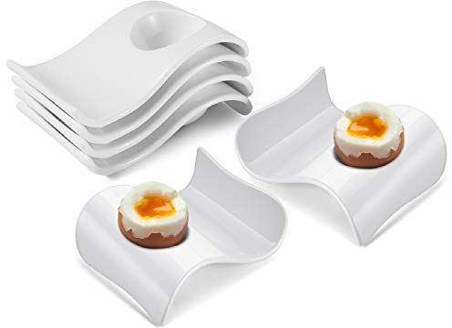 Flexzion Ceramic Egg Holder Cup - 6-Piece Hard Boiled Egg Holder & Soft Boiled Egg Holder Set, White Coddled Egg Cup, Stable & Stackable Modern Wave Style Egg Serving Dish with Base