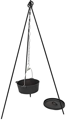 Andes Cast Iron Dutch Oven & Steel Tripod with Hanging Chain & Hook, Camping/Travel Cooking Casserole Pot, Folding/Portable