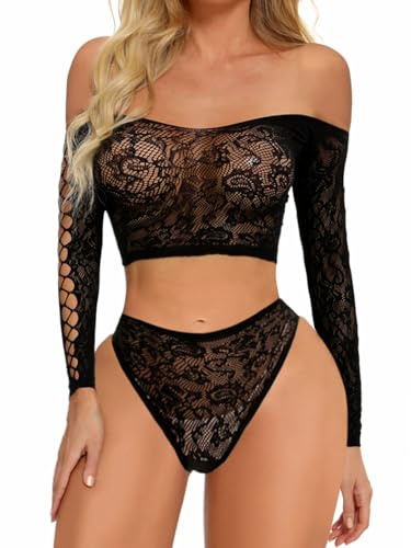 Buitifo Lingerie da Donna a Rete Mini Abito Camicia da Notte Sexy Biancheria Intima Bodysuit Pigiama Set(Nero 50,Taglia Unica)