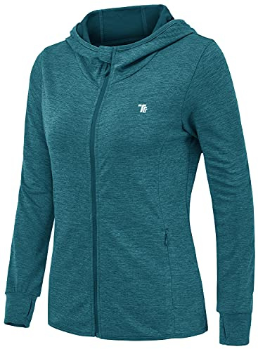 donhobo Women's Running Jackets with Thumb Hole,Gym Hoodie Top Dark Blue S