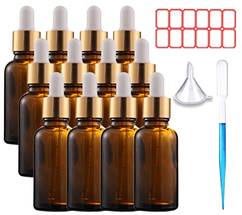TUAKIMCE 12PCS 30ML Pipettenflasche Tropfflasche mit Glaspipette Amber Boston Glasflaschen Apothekerflasche Tropfpipette aus Braunglas Set für Ätherische Öle Parfüm Öle Duftöl Aromatherapie