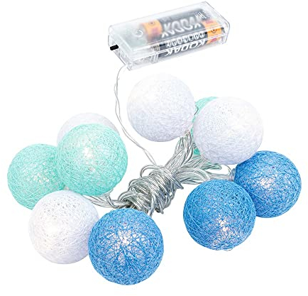 Ideen mit Herz Catena di luci a sfera con 10 LED, funzionamento a batteria, 10 sfere di cotone in 3 colori, diametro 35 mm, con timer (bianco, menta, azzurro)