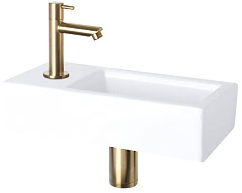 Differnz Helios Set Lavabo 37,5x18,5x9 cm – Vasque Céramique Blanche – Avec Robinet Droit Or Mat à Gauche – Ensemble WC Complet – Siphon et Bonde Always-Open Inclus – Murale