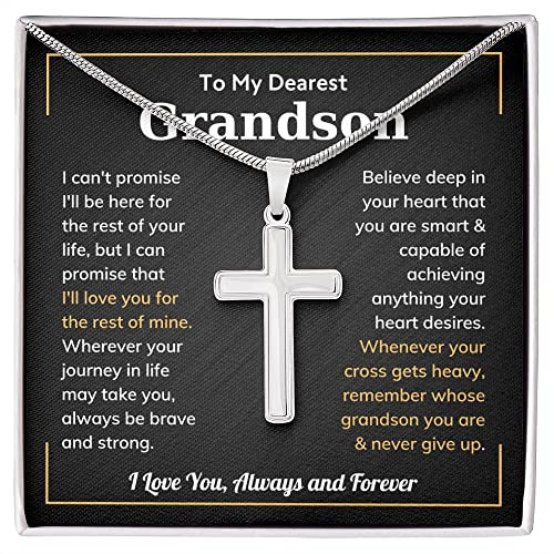 LEONADORA Crosss Grandson Necklace From Meme, Grandson Gifts From Grandma, Grandpa, Papa, Nana, Graduation Gifts From Grandmother Grandfather, Chains For Men, Standard, Stainless Steel, Gold, No