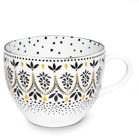 Portmeirion x Sara Miller London Artisanne Noir Mandala mugg (400 ml, H 8,3 cm) – porslin kaffe och te mugg med gulddetaljer, svartvitt mönstrat porslin