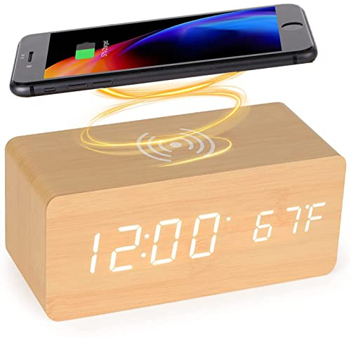 LySuyeo Digitaler Wecker aus Holz mit Kabelloser Ladestation,5W Fast Wireless Charger for iPhone/Samsung Galaxy, Digitaler Wecker Ohne Ticken, Alarm Clock Uhr Für Schlafzimmer Home Office (Bambus)