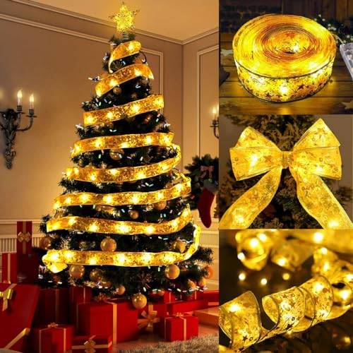 FPEAOB Nastro di Natale, 10 m, 100 LED, luci natalizie, nastro luminoso, catena luminosa a batteria, albero di Natale, decorazione natalizia per interni