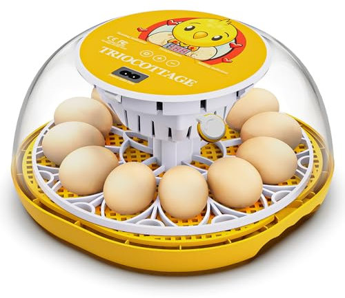 TRIOCOTTAGE Brutautomat Eier Inkubator für 12 Eier brutmaschine mit automatischem Wenden der Eier, Temperaturkontrolle, 2 Luftfeuchtigkeitsstufen und Wasserversorgung für Hühner, Wachteln und Enten.