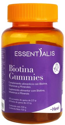 Essentialis Biotina Gummies 5000 mcg – Vitaminas A, B6, B12, C, D2 y E con Zinc e Yodo – 60 gominolas veganas – Para el cuidado diario de cabello, piel y uñas