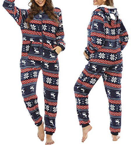 Jumpsuit dam, mysig jul, onesie, juloverall med huva, dragkedja, sovoverall i ett stycke, pyjamas, mysig pyjamas, kvinnor, flickor, långärmad sparkdräkt, jul, Multicolo, M