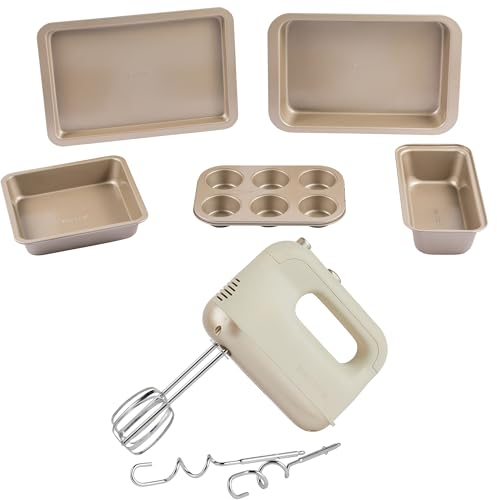 Salter COMBO-8911 Bakes Hand Mixer & Bakeware Set - Electric Whisk with Non-Stick Coated Roaster, Baking Tray, Square Pan, Loaf Tin, Muffin Tray, 2 Dough Hooks and Balloon Whisk, 250 W, Gold