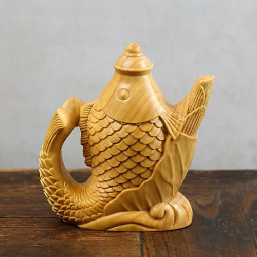 LABKDKS Holzstatue Fischkrug Hand Holz Schnitzerei Dekoration Buchsbaum Vintage Dekoration Ornamente, Wohnzimmer Schlafzimmer Büro, Haus Feng Shui Skulptur