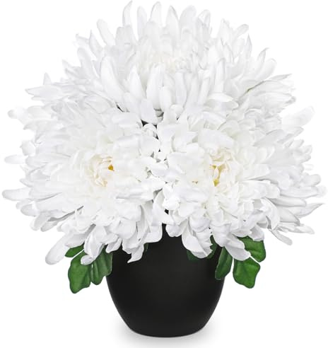 Hollyone Flores artificiales de crisantemo de 25 cm en maceta, crisantemos de seda falsa blanca, mamás de araña sintética con maceta negra para decoración del hogar, sala de estar, comedor, mesa