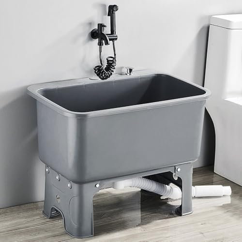DSKJHI 60 cm Freistehend Ausgussbecken aus Kunststoff Außenwaschbecken Gartenwaschbecken zum Wäschewaschen, Wischmopps, Hundebadewanne, Spülbecken, Weiß/Schwarz/Grau(Grau)