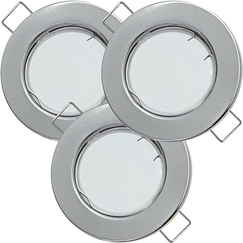 3er Set Flache SMD LED Modul Einbauleuchten, STEP DIMMBAR, Edelstahl gebürstet, 5W, 230V, starr, Klemmring, Einbautiefe 28mm, Bohrloch 55-65mm, LED Spots für Decke, Wohnzimmer, Küche, Flur usw.