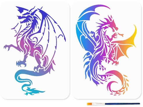 MAYJOYDIY 2-Piece Dragon Stencil Set - 29.7x21cm Flying Dragon Pattern with Wings - Reusable Plastic Stencils for DIY Painting on Wood, Windows, and More