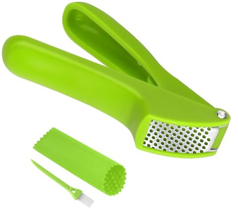 Garlic Press Green Garlic Crusher Plastic Garlic Grater Garlic Press Crusher Garlic Mincer Garlic Grinder with Silicone Garlic Peeler Skin Remover & Cleaning Brush