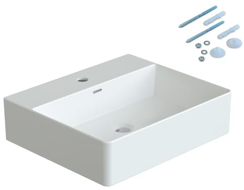 YAKE Aufsatzbecken Keramik Aufsatzwaschbecken 50x 42x 13,5cm Bad Waschplatz Waschbecken Handwaschbecken klein Gäste wc weiß mit Wasserhahnloch und Überlauf rechteckig Design