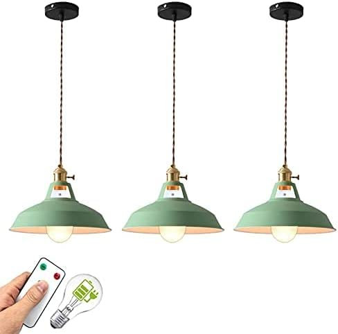 OJXIER Iluminación Colgante para Isla de Cocina, Paquete de 3 Luces Colgantes Modernas, luz Colgante Que Funciona con batería con Bombillas remotas Recargables de 400 lúmenes (Color: Rosa) (Verde)