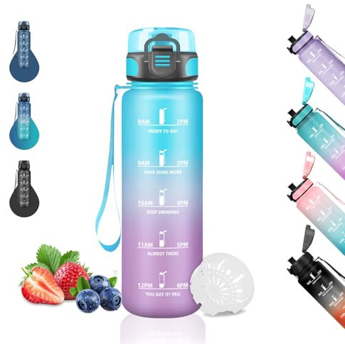 Grsta Trinkflasche Kinder- 500ml, Trinkflasche Schule, Flasche mit Uhrzeit, Leicht zu Reinigen, Wasserflasche für Kohlensäurehaltige Getränke, Wasserflasche für Reisen, Camping, Blau-Lila