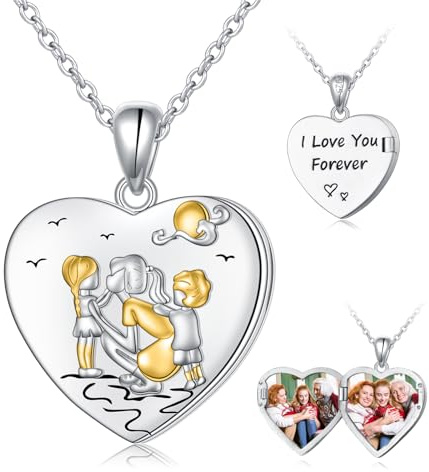 HOOHWE Mutter Tochter Kette für Damen 925 Sterling Silber Liebe Herz Halskette/Foto Medaillon zum Öffnen mit Bild Anhänger Schmuck Geschenke für Mama Kind