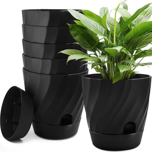 KAHEIGN 6 Pezzi Vasi per Piante Autoirriganti, 12CM Rotondi Vasi da Fiori in Plastica Contenitore Spesso per Grasse Erbe Orchidea Menta Piante - con L'irrigazione Foro, Drenaggio e Sottovaso (Nero)