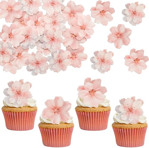 Ephlyn 54Pcs Edible Cherry Blossom Cupcake Toppers Spring Bridal Engagement Baby Shower Birthday Party Cupcake Picks Anniversary Party Decorations Supplies Pink
