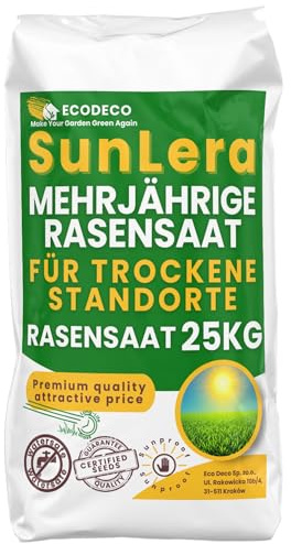 ECODECO Rasensamen Trockenrasen Schnellkeimend 25 kg für 1000 m² | Trockenresistenter Grassamen für Sonnige Flächen – Nachsaat im Frühling, Selbstregenerierend – Dürreresistenter Rasen