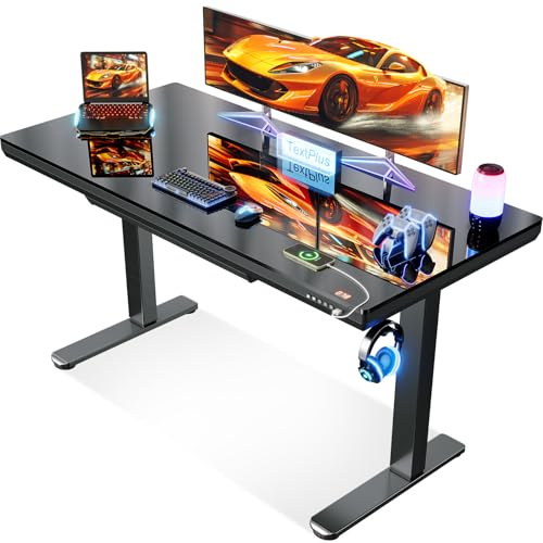 OffiGo Elektrischer Glas Schreibtisch mit Schublade 140×60 cm, Schwarz | Elektrischer Glastisch mit Schublade, Schreibtisch Höhenverstellbar mit USB, Steh Sitz Schreibtisch für Homeoffice