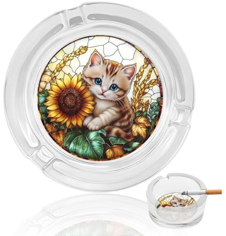 Stained Glass Cut Cat Sunflower Glass Ashtray for Cigarettes Portable Decorative Ash Trays for Home Office Decor