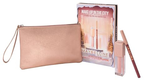 Maybelline New York Make Up in The City Geschenkset Weihnachten Lifter Gloss Ice 002 + Big Lift 07 Lippenkonturenstift + Kosmetiktasche