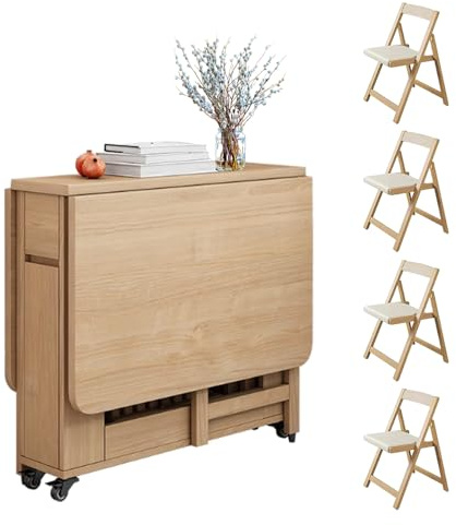 CLXRZM 150cm Klappbarer Esstisch mit Stühlen Set, Holz Klapptisch, Holz | mit Rollen & Schubladen, Ausziehbarer Küchentisch für 4-6 Personen, Platzsparender Multifunktionstisch für kleine Wohnungen
