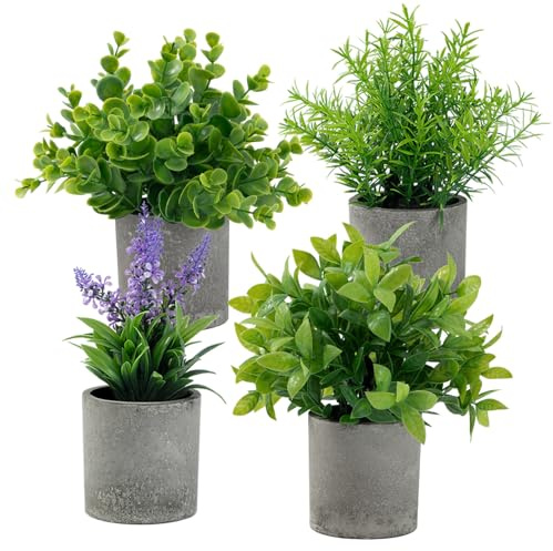FQNmtdzan 4 piante artificiali in vaso, piante artificiali come reali, finte pianta, eucalipto, rosmarino, giacinto, piante decorative per soggiorno, bagno, camera da letto