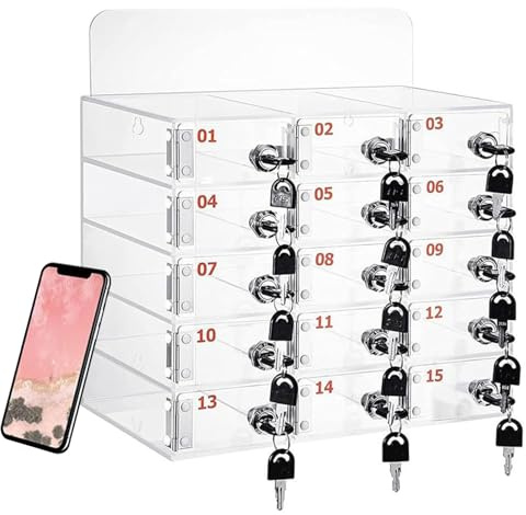 XDXINY Armario de almacenamiento para teléfono móvil con asa, cerradura, montaje en pared de aluminio o para escritorio, adecuado para escuela, oficinas (transparente B, 15 ranuras)