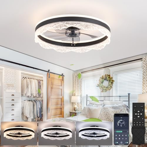 50CM Modern Takfläkt med belysning, LED Dimbar Fläkt Belysning Med fjärrkontroll, 30W 3000lm Lampa Armatur För vardagsrum Sovrum Taklampor, Ljudlös, 6 hastigheter Vändbar, Svart B