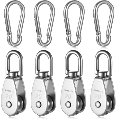 360° drehbare Umlenkrollen, 4 Stück 304 Edelstahl M20 mit 4 Karabinern M6 | Tragkraft 75kg für Sonnensegel, Fitnessseile