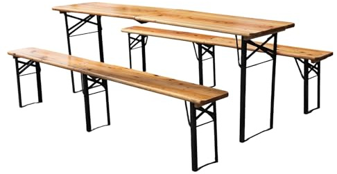 Covigorus Faltbare Bierzeltgarnitur 220 cm, 3 teilig mit 1 Klapptisch & 2 Bierbänken, wetterfeste Massive Kiefer, verstärkter Metallrahmen, bis 200 kg belastbar, Festzeltgarnitur für Garten & Camping