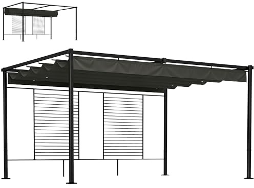 Outsunny Pérgola de Jardín 4x3 m con Techo Retráctil y 2 Paneles de Privacidad Fijos, Cenador de Jardín con Protección UPF50+, Drenaje, Estructura Metálica, Pabellón para Exterior, Gris Oscuro