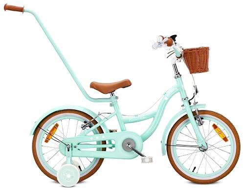 Sun Baby Barncykel 16 Tum FLOWER BIKE Retro, Cykel för barn - Flicka 4-6 År, Max 50 kg - V-bromsar, stödhjul, ringklocka, reflexer, stålram, justerbar - Mintgrön