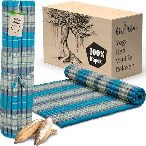 livasia Rollmatte XXL breit Doppelbett - 200x145x4,5cm - Gästebett Gästematratze 2 Personen mit Muster, Reisebett für Kofferraum und outdoor, Thaimatte Kapok Garten und Balkon (Hellblau)