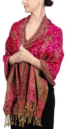 Achillea Écharpe pashmina réversible douce et soyeuse avec franges, fuchsia, 28 W x 76 L