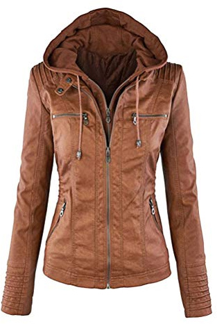 Onsoyours Mujer Invierno Cremallera Jackets Chaquetas Deportiva Cuero Moto Cazadoras Imitacion Piel Biker Abrigos con Capucha Marrón 36