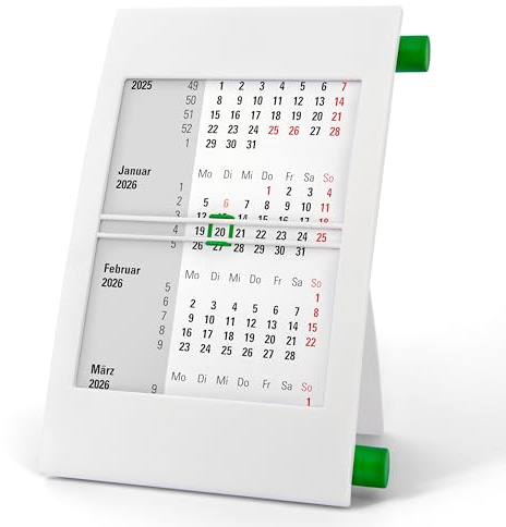 3-Monatskalender Tisch 2026 2027 - Büro & Homeoffice Tischkalender mit Drehmechanik - 2-Jahres-Kalender - weiß/grün - Truento