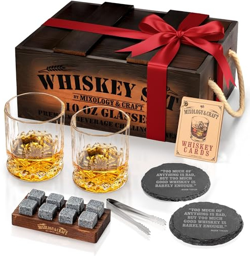 Mixology & Craft Whiskey-Geschenk-Set, Whiskey-Glas-Set mit rustikaler Holzkiste, 8 Granit-Whiskey-Steine, 284 ml, Kristallgläser, tolles Geschenk für Feiertage, Wichteln oder weißer Elefant