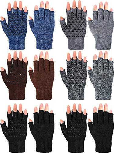 Geyoga 6 Pairs Winter Half Fingerless Knit Gloves Stretchy Anti-Slip Gloves Warm Texting Mittens for Men Women (Black, Navy Blue, Dark Grey, Light Grey, Coffee,Medium)