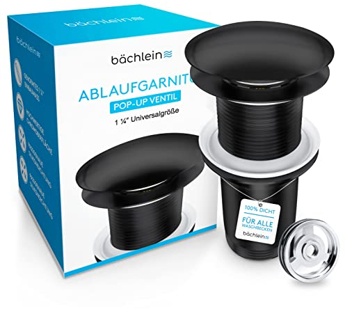 Bächlein Universal Ablaufgarnitur ohne Überlauf (Matt Schwarz) - Pop Up Ventil für Waschbecken und Waschtisch – Ablaufventil Abflussgarnitur aus Messing mit Einbauanleitung