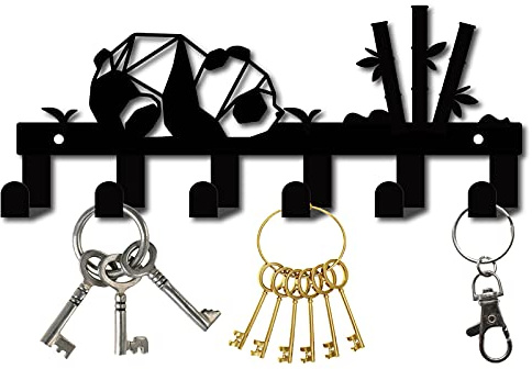 CREATCABIN Metal Key Holder Black Key Hooks Wall Mount Hanger Decor Iron Hanging Organizer Rock Decorative 6 Hooks Panda Bamboo for Home Housewarming Gift Entryway Cabinet Hat Towel 10.6 x 4.3inch