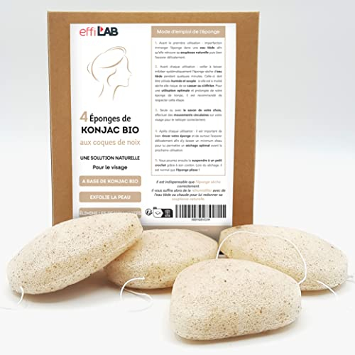 Spugna esfoliante Konjac bio con gusci di noce rotti per il viso associato | Set di 4 spugne a forma di gocce | Spugna vegetale detergente naturale