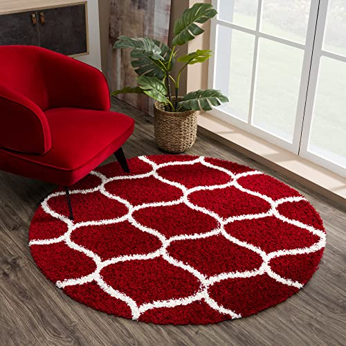 SANAT Madrid Shaggy Teppich Rund - Hochflor Teppiche für Wohnzimmer, Schlafzimmer, Küche - Rot, Größe: 150 cm